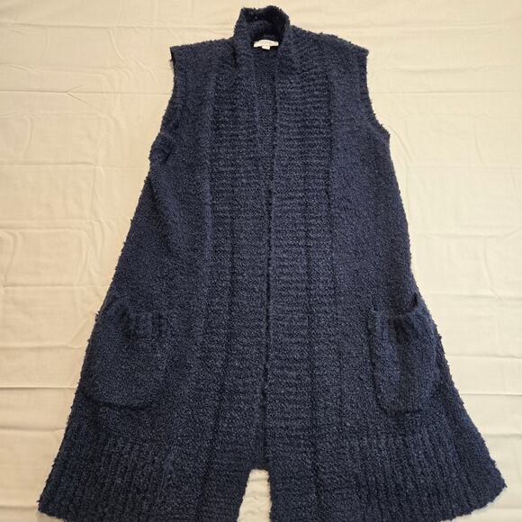 LOFT Open Front Sleeveless Cardigan Sweater Dark Blue Sz L Minimalist Comfy - Picture 1 of 10